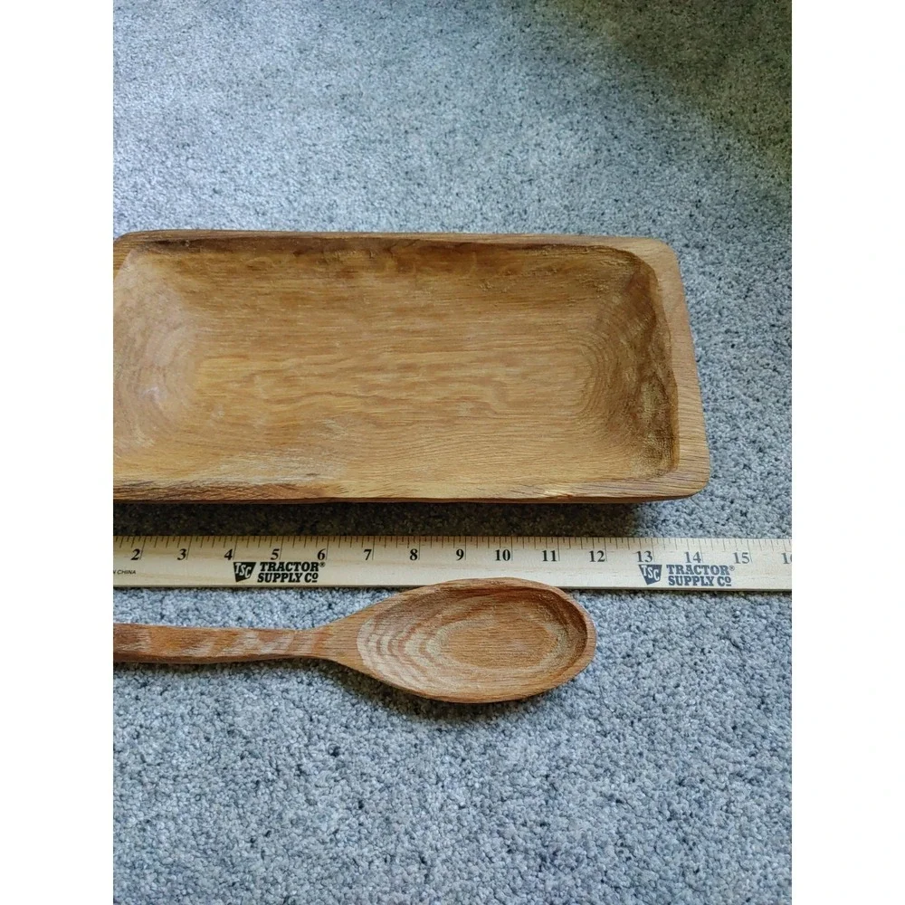 Hand Carved Wooden Dough Tray Decor Rustic Farmhouse Bread Serving Bowl & Spoon